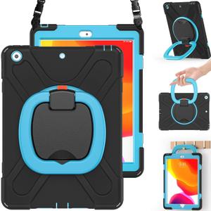 BRAECN Case for iPad 9/8/7 Generation,Hybrid Shockproof Case with Pencil/Pencil Cap Holder, Handle Grip, Kickstand, Strap, Screen Protector for iPad 10.2 9th/8th 7th Gen 2021/2020/2019-Black+Blue