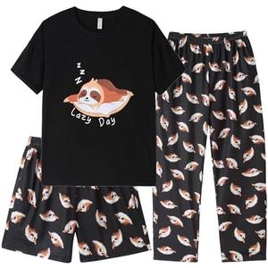 Hupohoi Kids Girls Pajama Sets Summer Short Sleeve With Shorts And Pants 3PCS Sleepwear Cute Cartoon Loungewear Size 12/M