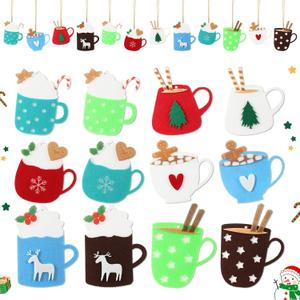 AceOrbit 12 Pcs Hot Cocoa Christmas Ornaments Felt Hot Cocoa Mug Party Decorations with Rope Hanging Gingerbread Marshmallow Coffee Bar Ornaments Gifts Crafts for Holiday Christmas Decor