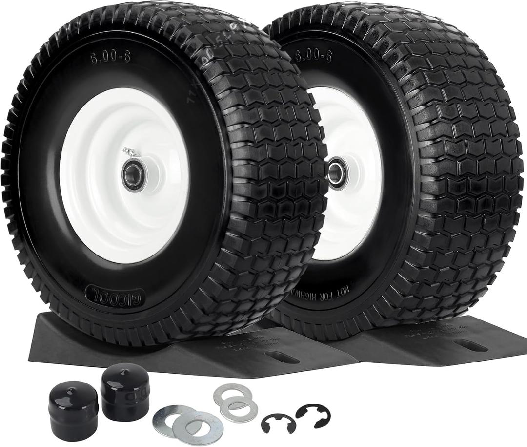 15x6.00-6 Flat Free Lawn Mower Tire and Wheel, Comes with Tire Saver Ramp, 15x6-6nhs Riding Mowers Lawn Tire and Wheel with 3/4" Bearing, 3" Centered Hub, 2 Pack