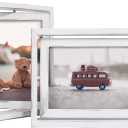 Egofine 2 Pack 5x7 Rotating Floating Picture Frames,Double-Sided Display with HD Glass Front Wooden Distressed Frame for Vertical or Horizontal Tabletop Display, White