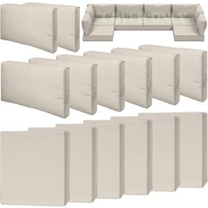 14 Piece Outdoor Patio Waterproof Cushion Covers, Fits 6-Seat Wicker Rattan Sectional Couch Chair Furniture Cover Replacement Set - Fade-Resistant Patio Cushion Covers with Zipper (Cream White)
