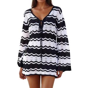 Eomenie Women Crochet Swim Cover Up Summer Bathing Suit Hollow Out Long Sleeve Dress Coverup Mesh Knit Beach Outfits Black&White (S)