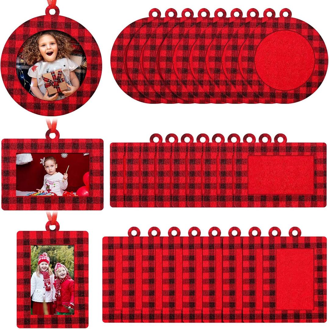 Jetec 30 Pcs Christmas Photo Frame Ornaments with Rope Mini Felt Hanging Picture Frame Round Square Rectangle Xmas Tree Decoration for Holiday Party Decor(Plaid)