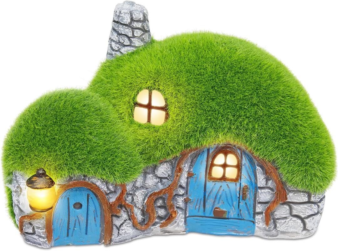 Outdoor Figurine Lights Garden House Statue - Outdoor Statues with Solar Lights Garden Cottage Lighting Figurines for Home or Yard Decor
