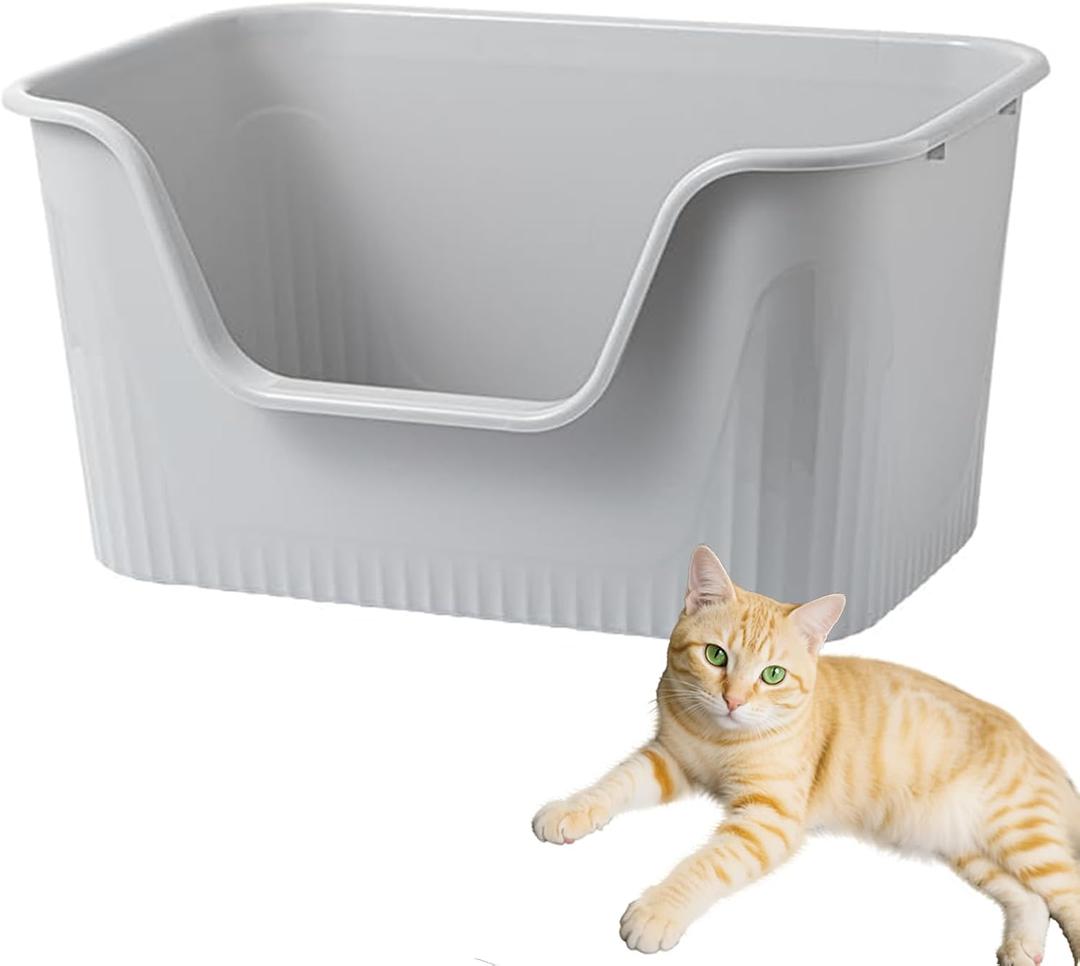 SpaceTime Large Cat Litter Box with High Sides,Cat Boxes for Indoor Cats,Cat Litter Pan for Kitty,Litter Box with Low Entry,Easy to Clean,Anti-Splashing (Grey)
