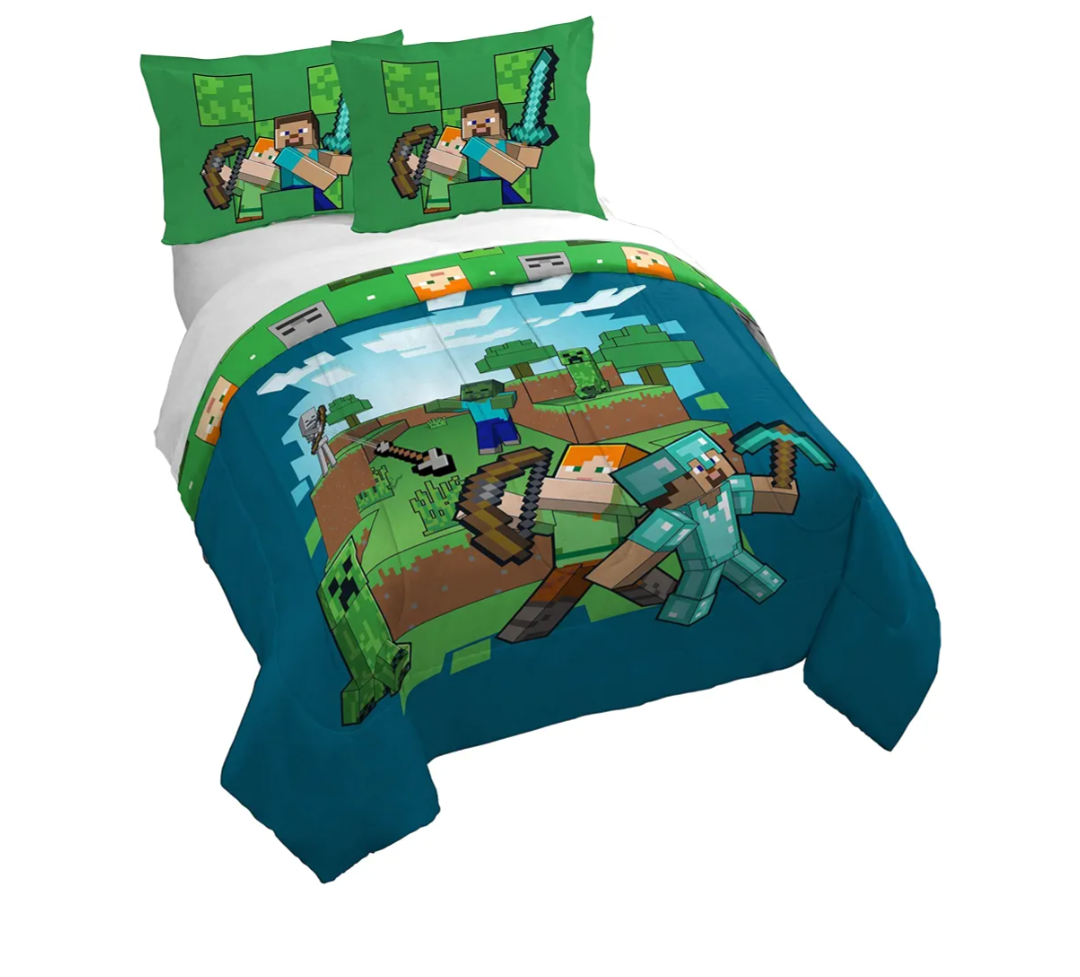 Kids Duvet Cover Set – 3 Piece Super Soft Bedding with Sham Pillowcase, Cover ONLY Comforter Not Included, Blue - Minecraft, Full