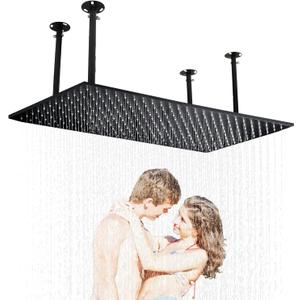HOMEDEC Luxury Large Ceiling Rectangle Rainfall Shower Head, 16x32inch High Pressure Rain Showerhead with Silicone Nozzles Full Body Fixed Showerheads For Modern Bathroom, Black Finish