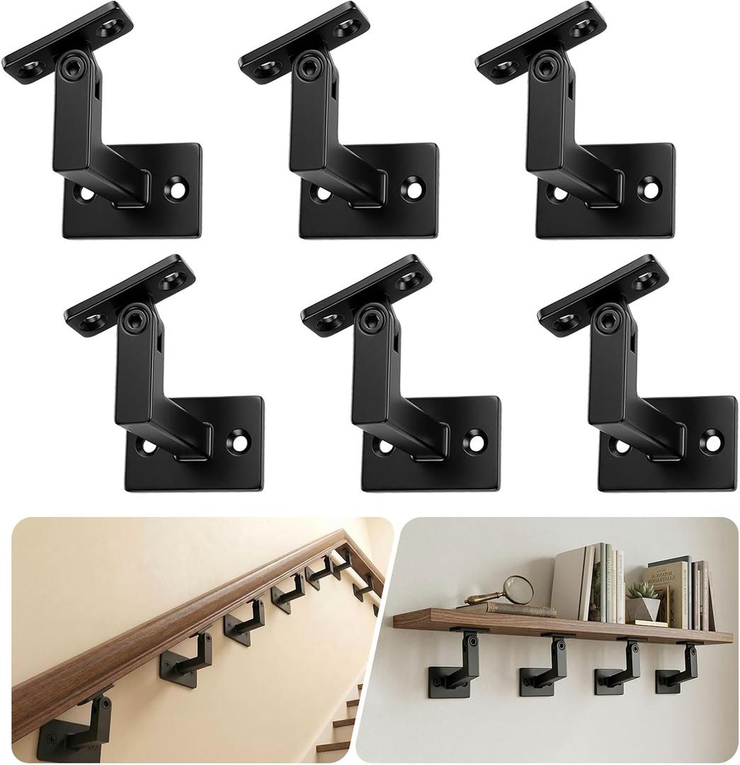 6 Pack Handrail Brackets, Laysmkit Adjustable Handrail Bracket for Staircase, Black Hand Rail Bracket, Wall Mounted Stair Railing Brackets with Installation Hardware for Stairs, Bedroom, Corridors
