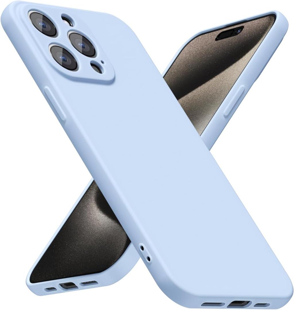 for iPhone 15 Pro Max Phone Case Silicone, Minimalist Ultra Thin Slim Soft Rubber Gel Solid Color Matte TPU Cute Case for Women Men, Girly Plain Aesthetic Design & Camera Cover, Light Blue