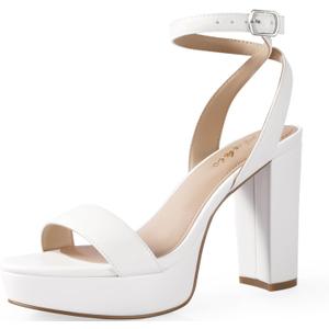 Ankis Platform Heels for Women 4 Inches Chunky Heels Sandals for Women Comfy Open Toe Block Heeled Sandals Nude White Silver Gold Black Ankle Strappy Heels (White) 7.5
