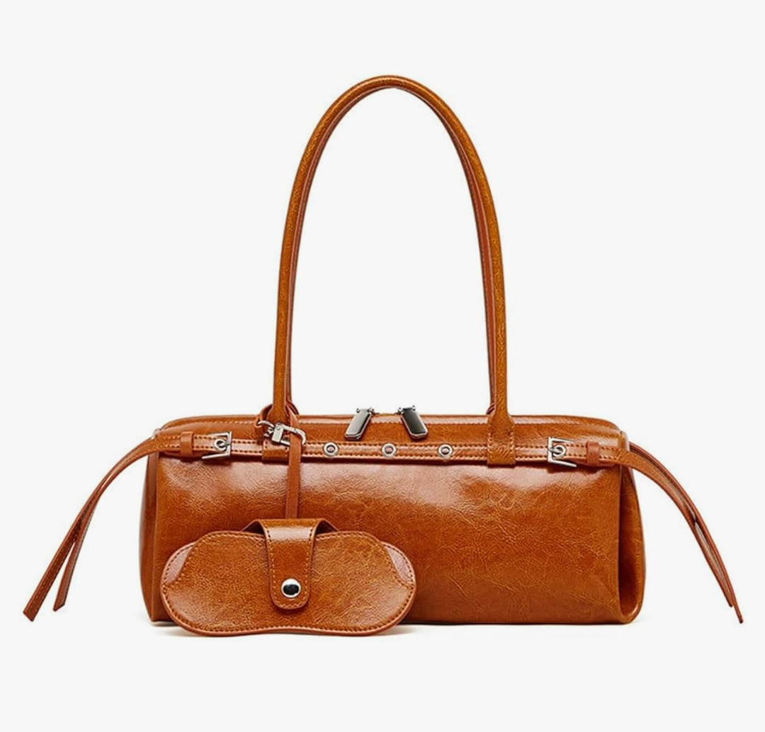 Genuine Leather Women's Shoulder Handbags, Retro Cowhide Purse Tote Bags with Sunglass Bag，Y2K Handbag