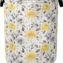 Yellow Gray Flowers Large Clothes Hamper Bag - Laundry Basket with Handles, Space Saving Foldable Design for Nursery