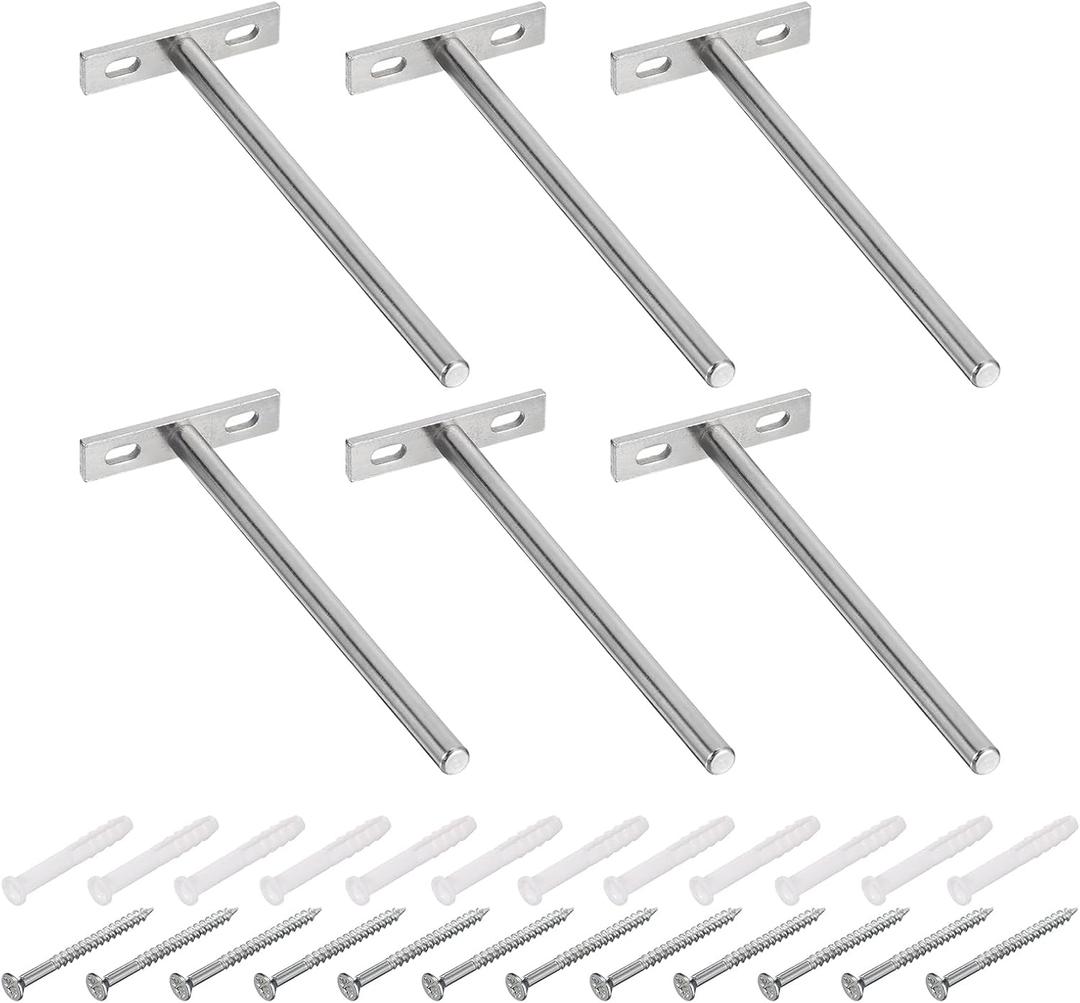 uxcell 6Pcs Floating Shelf Bracket - 6 Inch Wall Mounting Blind Shelf Support - Hidden Bracket for Floating Wood Shelves, Silver (6 Inch, Silver)