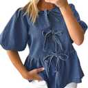 Tankaneo Womens Denim Tie Front Tops Babydoll Peplum Puff Sleeve Jean Shirts Crew Neck Summer Casual Bow Blouses (XX-Large, Blue)