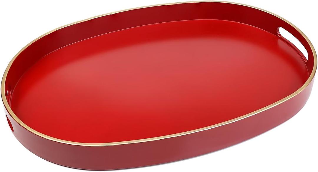 Spsyrine Red Plastic Serving Tray for Ottoman, Coffee Table, Oval Decorative Tray for Entertaining, Outdoor, Living Room, Home Decor (15.5" x 10.6" x 1.4")