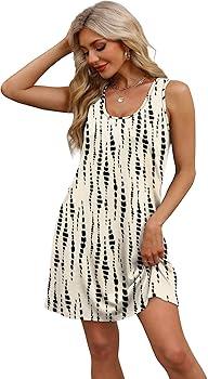 AUSELILY Womens Summer Dress Casual Sleeveless Crewneck T Shirt Sundress Flowy Tiered Swing Mini Dresses Music Bubbles L