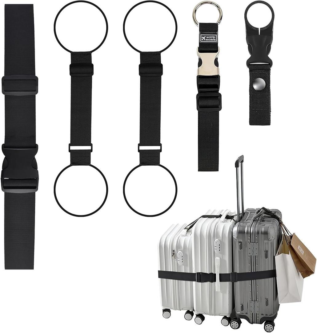 5-in-1 Luggage Straps for Suitcases, TSA Buckle Adjustable Elastic Luggage Connector Straps, Two Short and One Long, Fits Up to Three Suitcases in Mixed Sizes, Bottle Clip and Bag Hook, Black