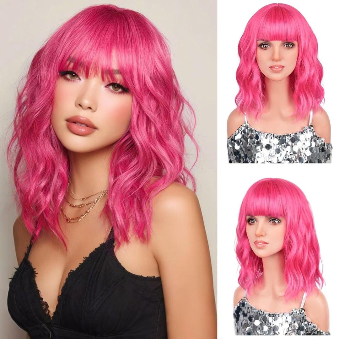 Hot Pink Wigs, 14 Inch Hot Pink Short Bob Wig with Bangs for Women Girls, Loose Wavy Hair Shoulder Length Synthetic Colourful Wig for Cosplay Daily Party Use, Adjustable Straps Wigs with Wig Cap