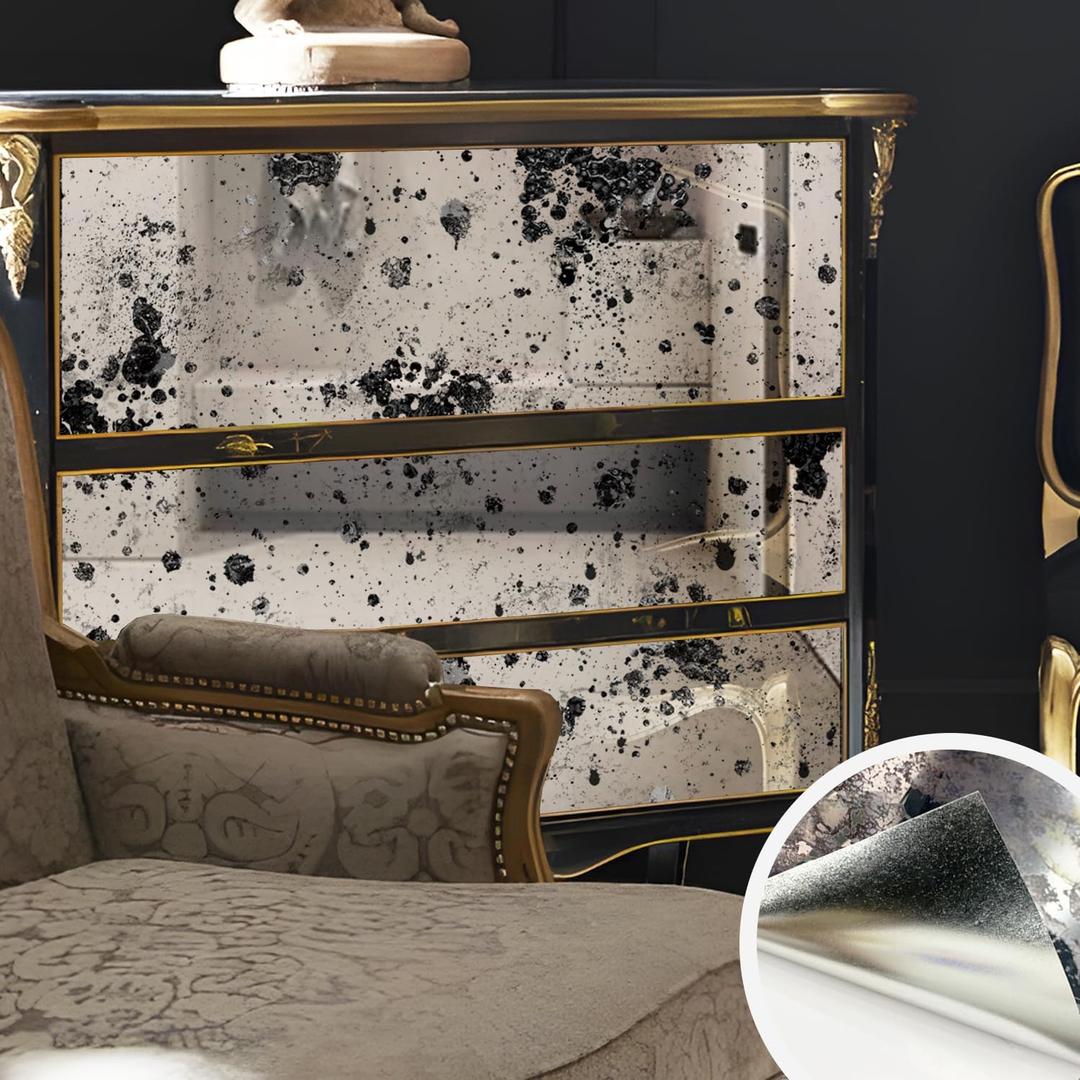 Vintage Foxed Paint Silver Spots Antique Chrome Reflective Style Wallpaper, Grunge Peel and Stick Contact Paper for Wall Furniture Vanity Dresser Home Decor, 15.35"x39.37"