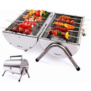 Upgraded Rust-Resistant Premium Stainless Steel Portable Charcoal Grill, Dual Large Grilling Zones,Easy-to-Assemble Outdoor Small Grill for Backyard,Patio,Travel&Camping,Foldable Tailgate Compact BBQ