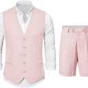 YND 2-Piece Mens Linen Waistcoat Shorts, Lightweight Vest Pants, Casual Wedding Beach Summer Prom Homecoming Outfit (X-Large)