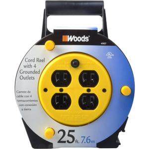 Woods Light Duty Extension Cord Reel, 25Ft, 16 Gauge, 3 Conductor, 4-Outlets, 12A Circuit Breaker, Yellow/Black, 4907