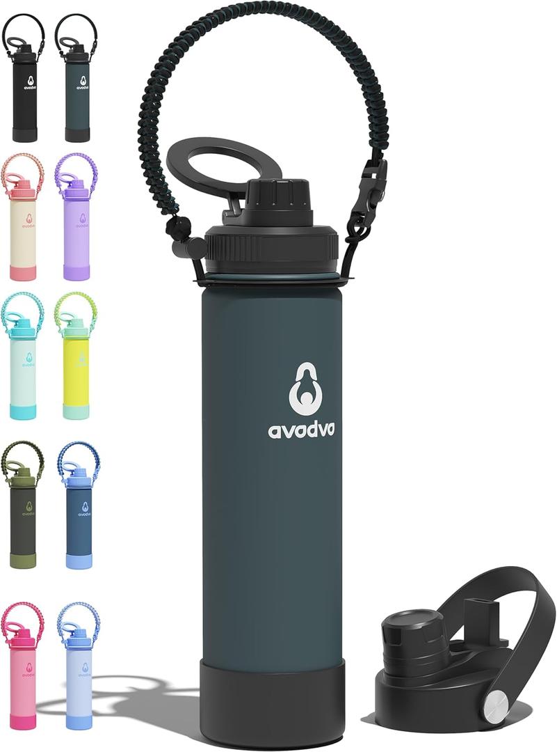 20 oz Insulated Water Bottle with 2 Lids (2-in-1 Straw & Spout Lid, Magnetic Lid), Slim Water Bottle with Strap, Stainless Steel Water Bottle for School, PA-Free, PA-Free, Indigo/Black