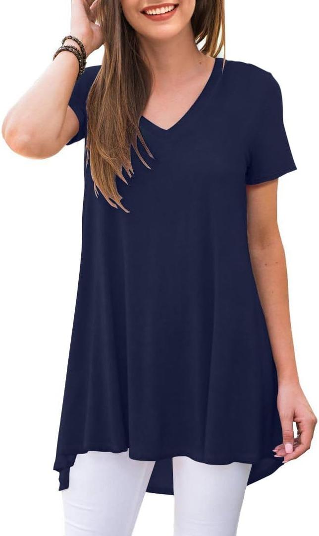 AWULIFFAN Women's Summer Casual Short Sleeve V-Neck T-Shirt Tunic Tops Blouse Shirts, S