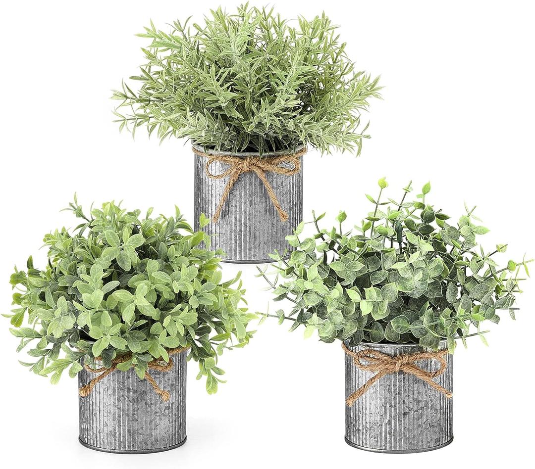 Mkono Small Fake Plants in Farmhouse Galvanized Metal Pots 3 Pack Potted Artificial Plant Eucalyptus for Laundry Room Bathroom Shelf Table Decor (Grey)