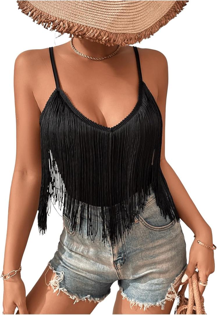 Women's Sleeveless Fringe Camisole Tops V Neck Spaghetti Strap Summer Cami Shirts (Large, Black)