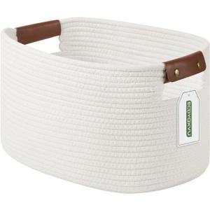 Cotton Rope Basket, Storage Baskets with Handle, 15x10x9 Inch Woven Basket for Shelves, Laundry, Towels, Clothes, Books (White 1Pack)