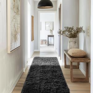 Ophanie Runner Rug for Hallway, 2x6 Bedroom Black Runner Rugs, Non Slip Fluffy Soft Shaggy Bedside Carpet for Kids Girls Boys Home Decor Aesthetic, Dorm Nursery (2' x 6', 2- Black)