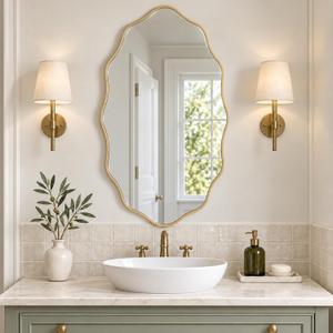 Gold Scalloped Mirror, 30''L×18''W Oval Wavy Wood Framed Mirror for Wall Decor, Hanging Leaning for Bathroom, Nursery, Entryway, Vanity, Living Room