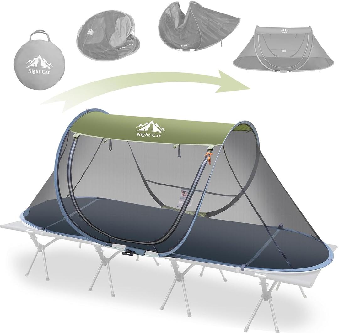 Night Cat Pop-up Mosquito Tent: 1 Person Camping Tent with Bug Screen Net Adults Kids Fits with Camping Cot (Exclueded) (Army Green)