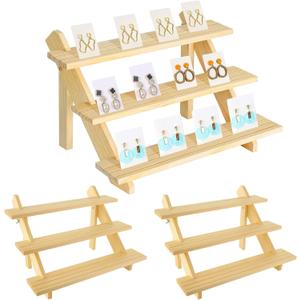 Acrux7 2 Pack 3 Tier Wooden Display Stand, Wooden Earring Display Wood Cupcake Stands, Detachable Wood Tiered Jewelry Card Display Stand with Groove for Jewelry Cupcake Vendors Retail Party Home