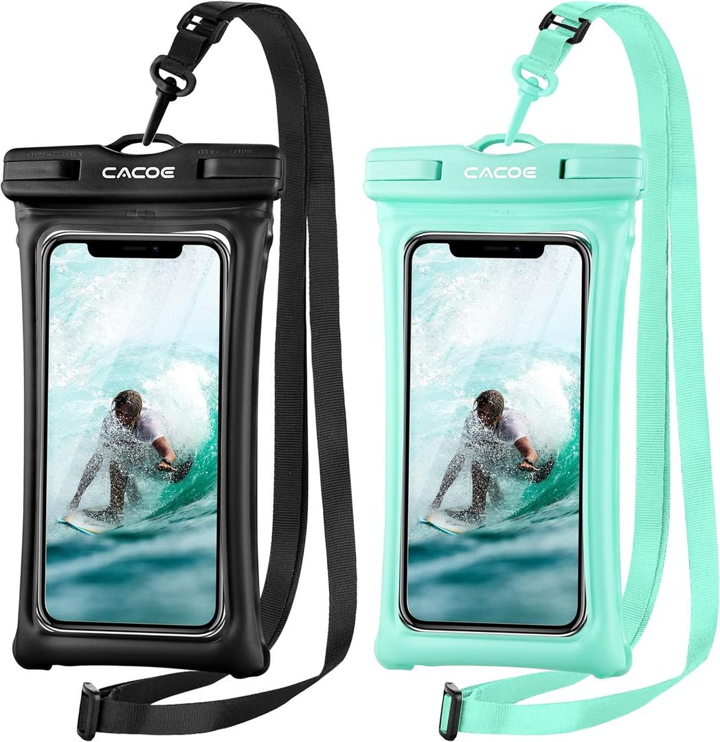 CACOE [Floatable] Floating Universal IPX8 Waterproof Phone Case 2 Pack-Up to 7.0",Adjustable Lanyard Phone Pouch,Cellphone Dry Bags for Vacation Beach Pool Kayak Cruise Travel EssentialsBlack+Green