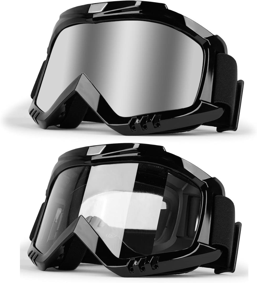 ATV Dirt Bike Goggles 2-Pack Motorcycle Gear Motocross Riding Racing Glasses Offroad Helmet UTV MTB MX Accessories UV400 Anti-Fog Windproof Dustproof for Men Women Youth Kids (Clear Lens + Silver Lens)