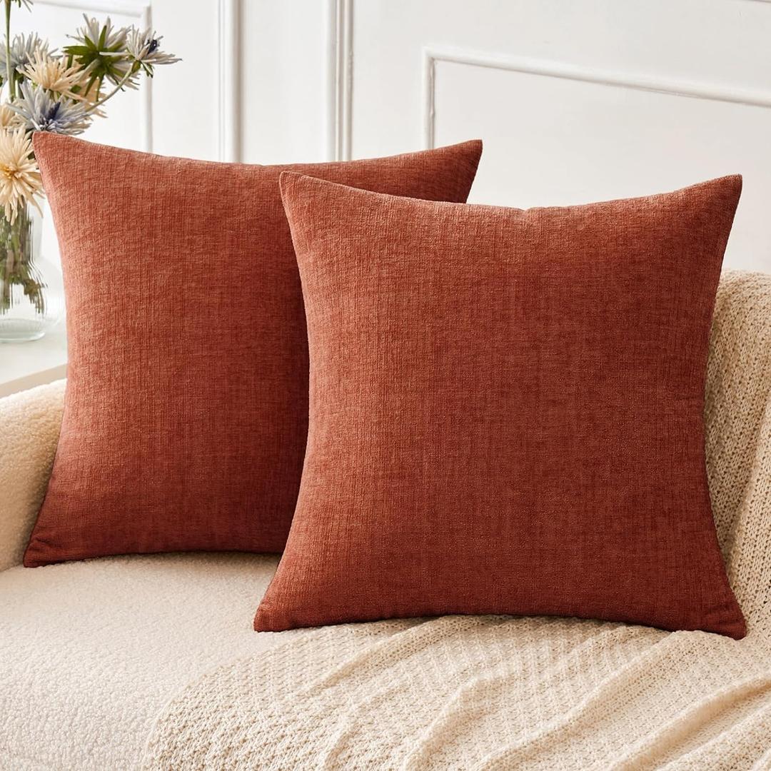 MIULEE Pack of 2 Couch Throw Pillow Covers 20x20 Inch Soft Burnt Orange Chenille Pillow Covers for Sofa Living Room Solid Dyed Pillow Cases