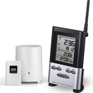 Wireless Rain Gauge Outdoor with Thermometer, Digital Rain Gauges Outdoors Best Rated with Self-Emptying & Freeze Proof, Accurate Remote Rain Measure Gauge, Automatic Outside Rain Gauge for Yard