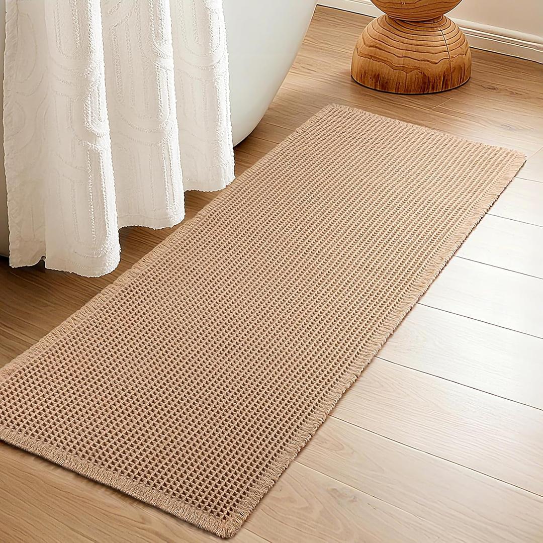 Siyaluens Luxury Waffle Bath Mat, Super Absorbent Non Slip Bathroom Rugs, Boho Ultra Soft Comfort Machine Washable Quick Dry Floor Mats with Tassels (Brown, 24" x 72")