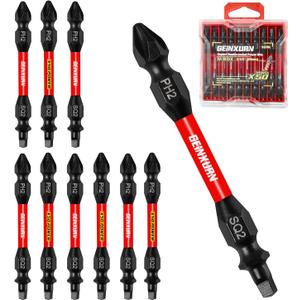 Geinxurn 10Pcs PH2-SQ2 Impact Double End Screwdriver Bit Set, 2.56 in. #2 Phillips /#2 Square Power Driver Bits, Magnetic S2 Steel Two Sides Screwdriver Bits Set with Storage M-Box