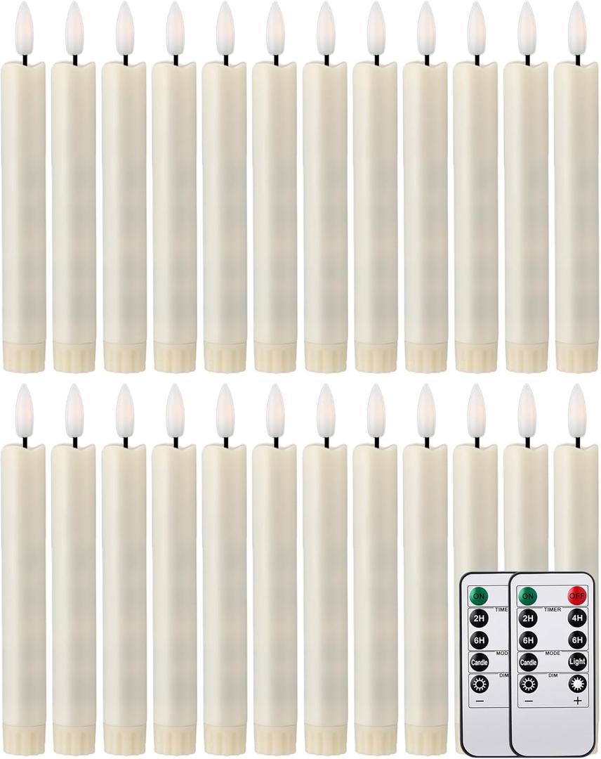 Funtery 24 Pieces 6.5" Flameless LED Taper Candles with 4 Remote Timer Battery Operated Short Window Candles Bulk Flickering Candlesticks for Christmas Wedding Home Decorations(Classic Style)