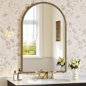 Champagne Bronze Arched Mirror 24"x36", Champagne Bronze Mirror for Bathroom, Entryway, Bedroom, Fireplace, Over Sink, Vintage Gold Arch Mirror with Metal Beaded Frame