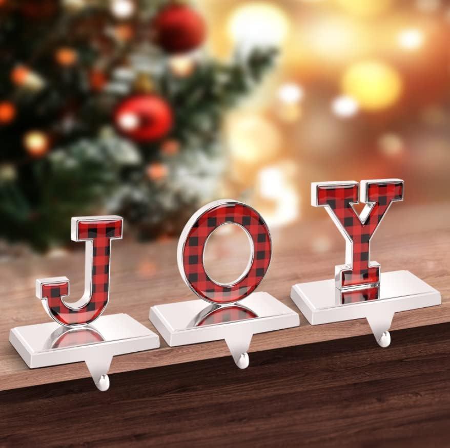 COPPATAOPP Christmas Stocking Holders for Mantle Set of 3 - J O Y, Metal Heavy Stocking Holders for Mantle, Red and Black Buffalo Plaid Mantel Stocking Hangers for Fireplace Christmas Decorations
