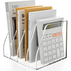 Acrylic Magazine File Holder, 4 Vertical Compartments Desk Document Sorter Organizer, Clear Folder Rack Binder for Office, Documents, Tablets, Magazines, Books  Home/Classroom Rack (B5, 4 Sections)