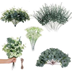 Kusamue 200 Pcs 4 Kinds Artificial Eucalyptus Stems, Mixed Faux Greenery Stems Fake Silver Dollar Eucalyptus Leaves Stems Bulk Babys Breath for DIY Bouquet Centerpieces