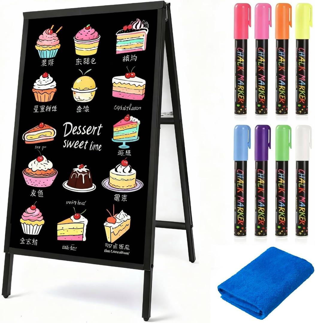 USCNC 1 Pack 40" x 20" Inch A Frame Chalkboard Sign Double-Sided Folding Sandwich Board Heavy Duty Slide-in Sidewalk Signboard for Outdoor Street Advertising Poster