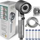 Ion Shower Drops Head Filtered Showerhead With Five Filters,Filtered Shower Head With Handheld,High Pressure Turbo Showerhead,Reusable,Adjustable Settings With Hose (Gray)