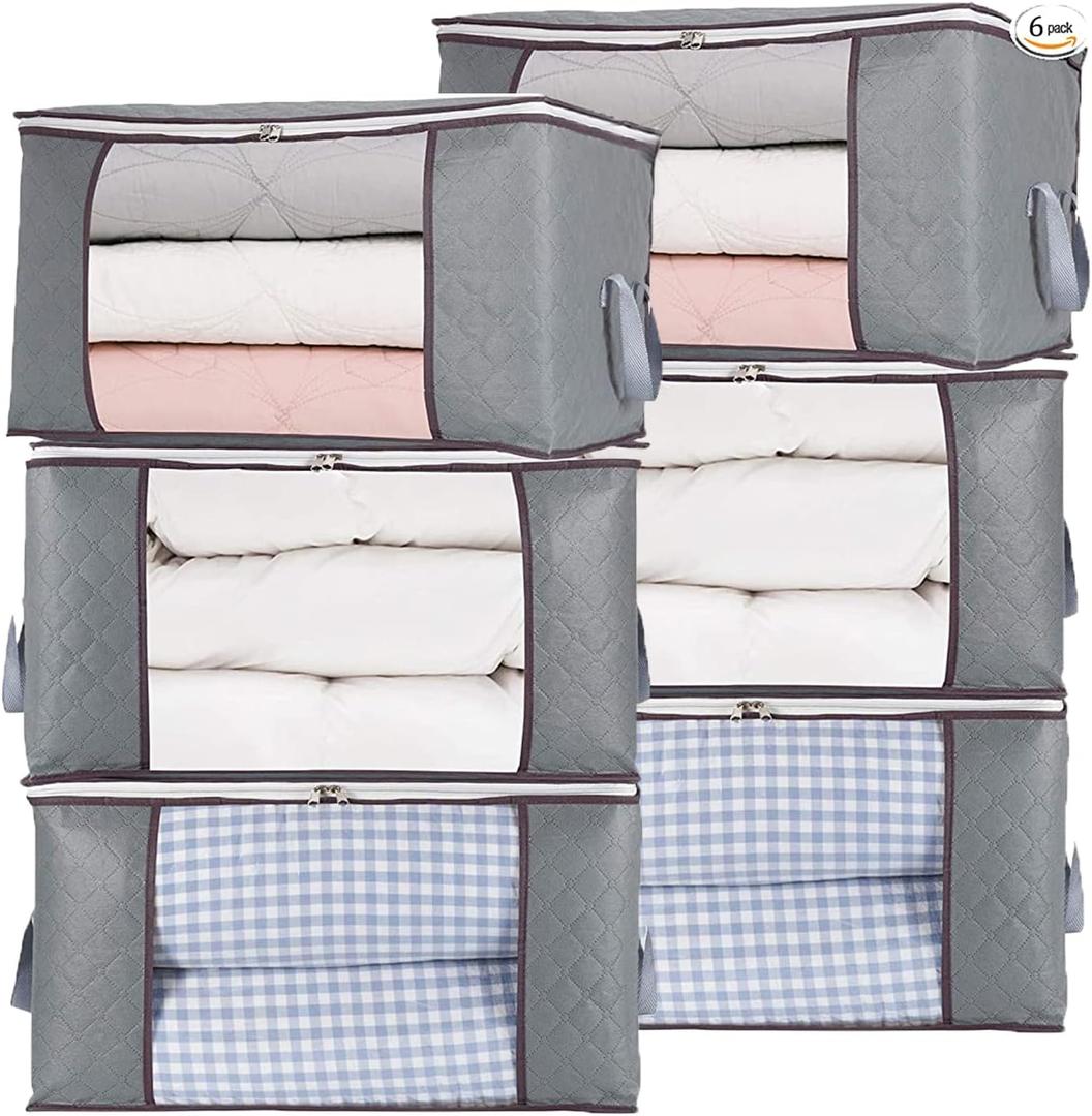 combocube 6Pcs Jumbo Zippered Storage Bag for Closet King Comforter, pillow, quilt, bedding, Clothes, Blanket Organizers with Large Clear Window & Carry Handles Space Saver
